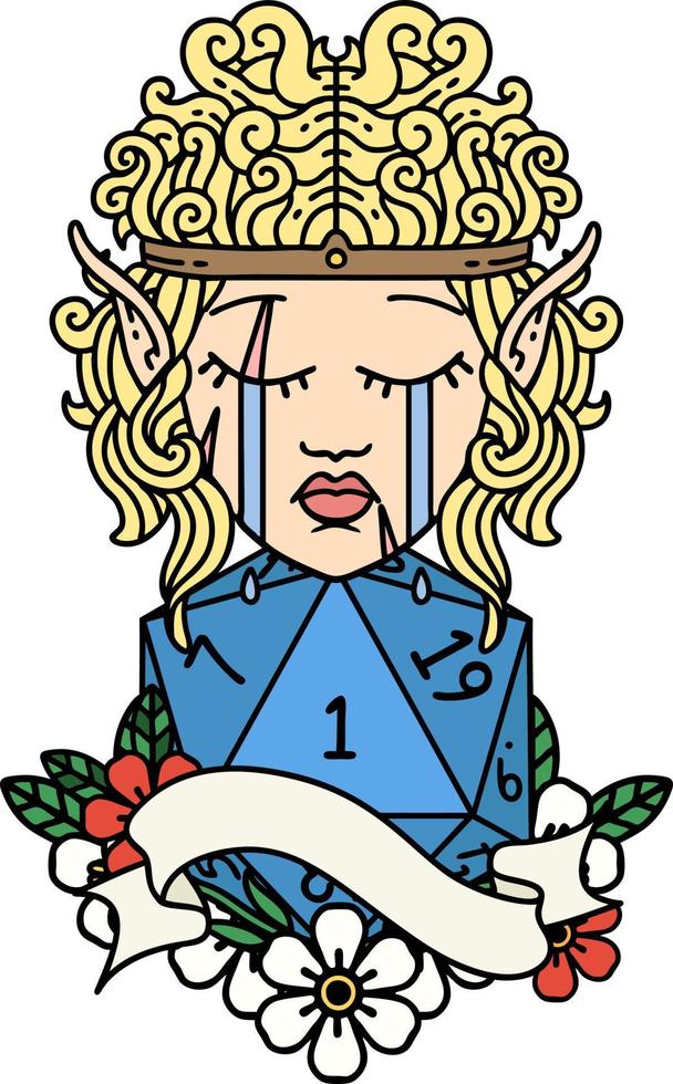 visage de personnage barbare elfe triste avec illustration naturelle d'un rouleau d20 vecteur
