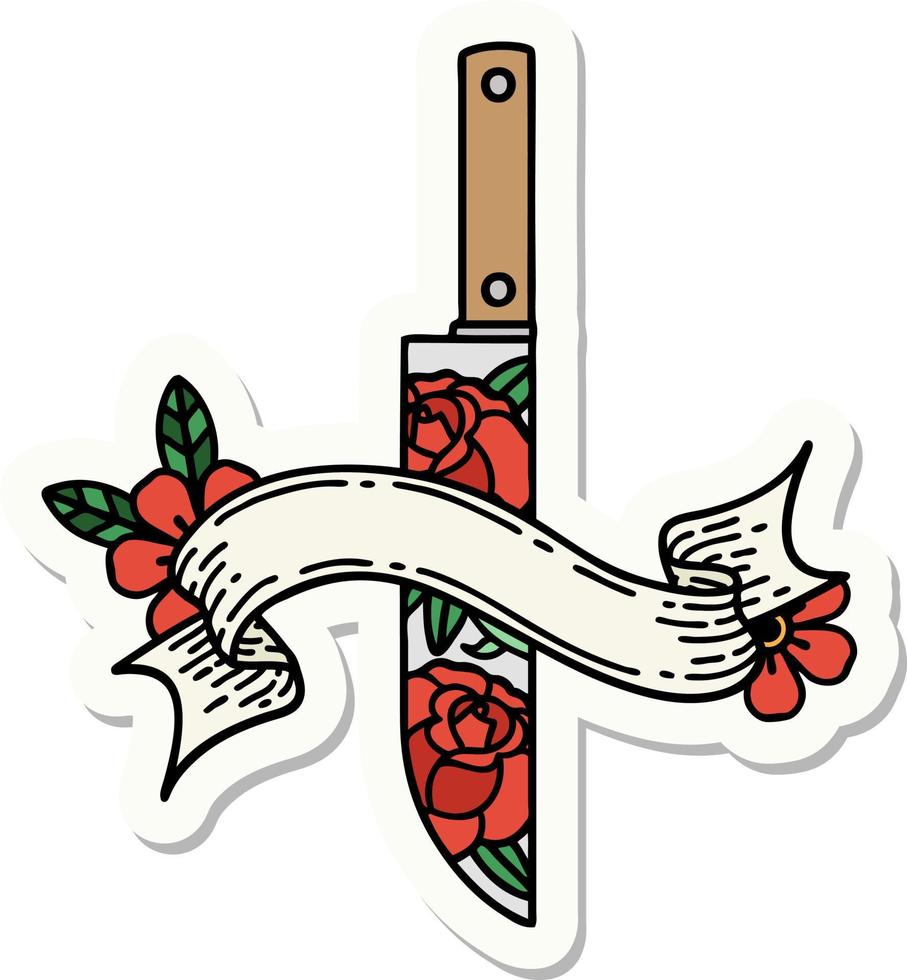 autocollant de tatouage avec bannière d'un poignard et de fleurs vecteur