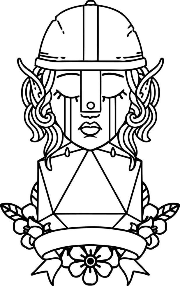 visage de personnage de combattant elfe qui pleure avec une illustration de rouleau d20 naturel vecteur