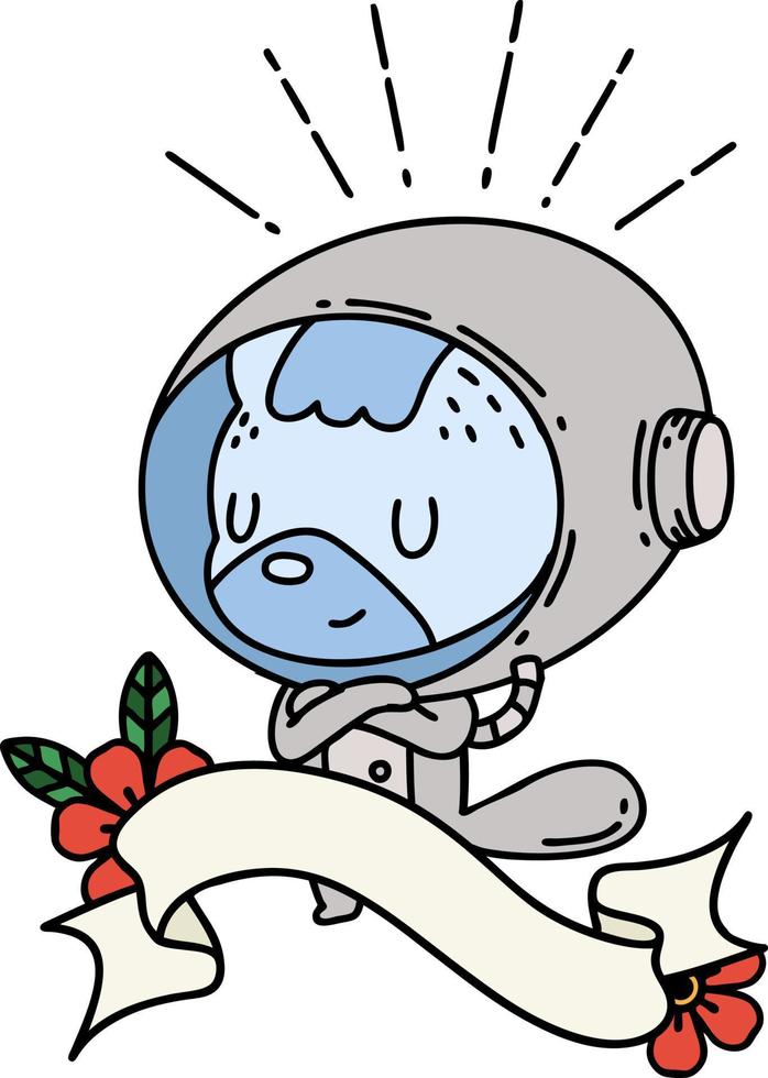 bannière avec un animal de style tatouage en costume d'astronaute vecteur