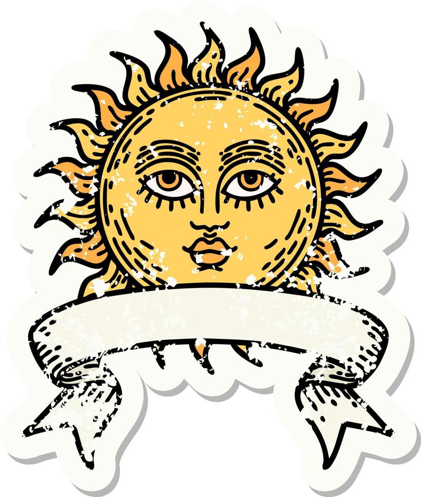 autocollant grunge avec bannière d'un soleil avec visage vecteur