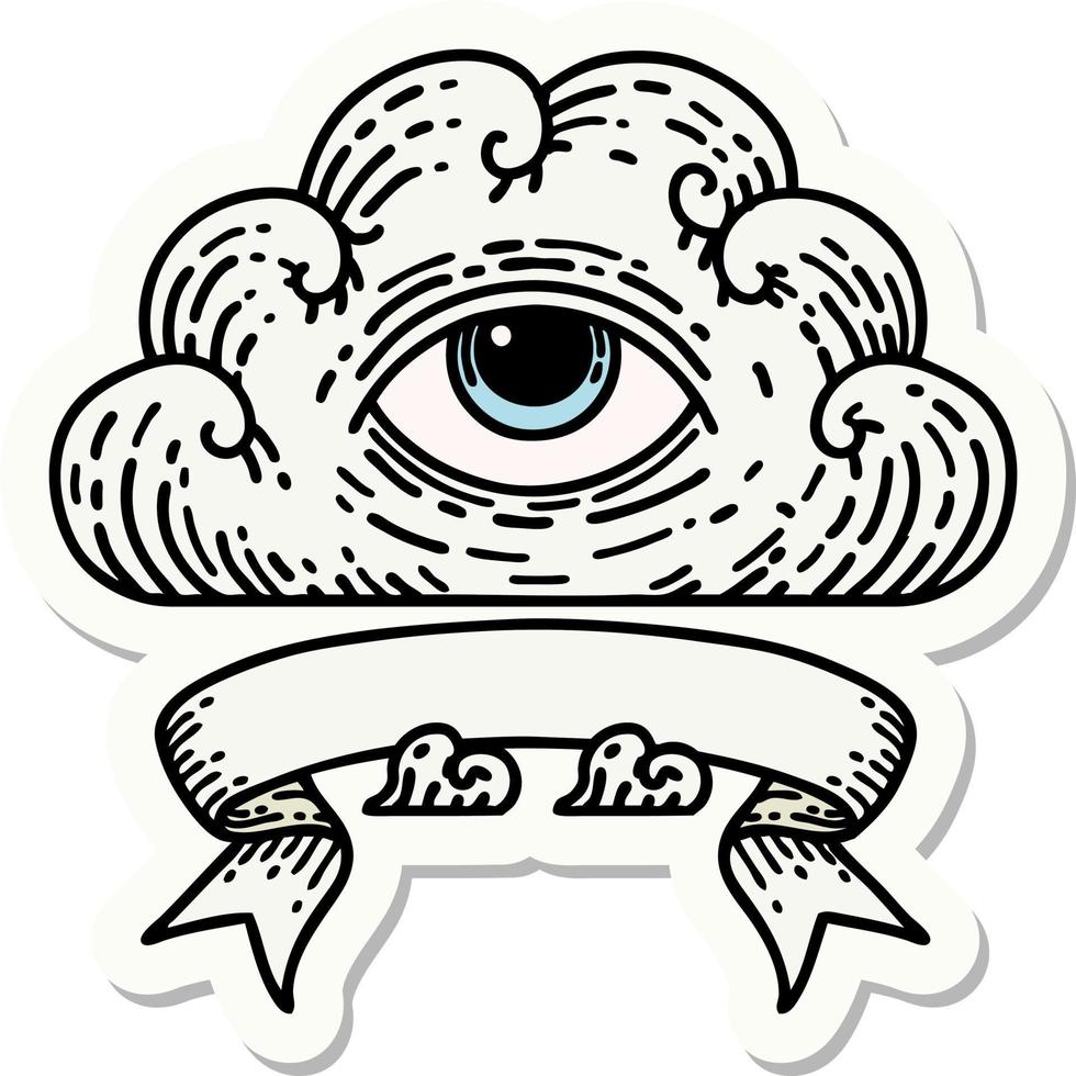 autocollant de tatouage avec bannière d'un nuage d'oeil qui voit tout vecteur
