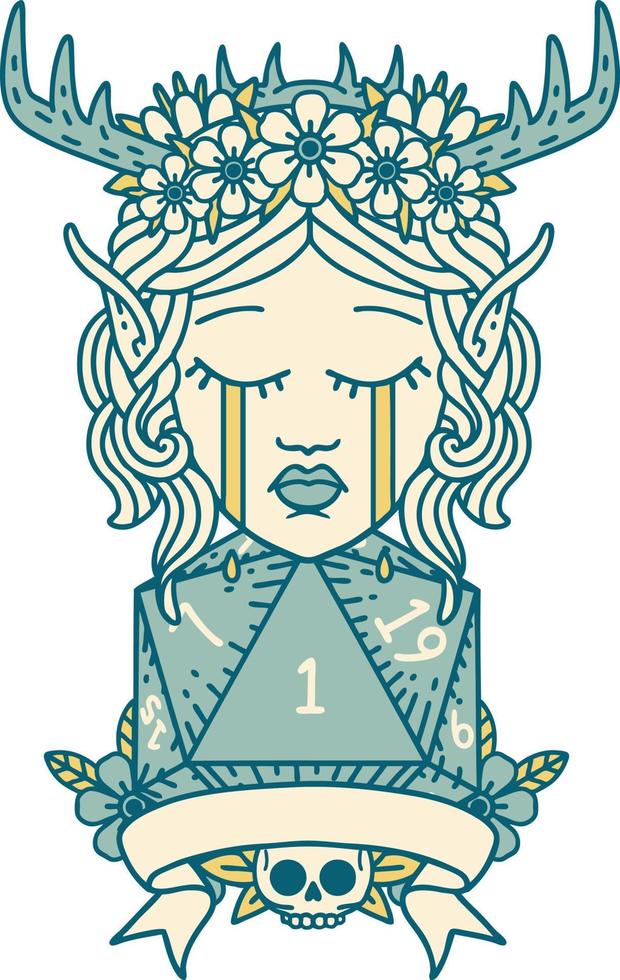visage de personnage de druide elfe triste avec une illustration de rouleau d20 naturel vecteur