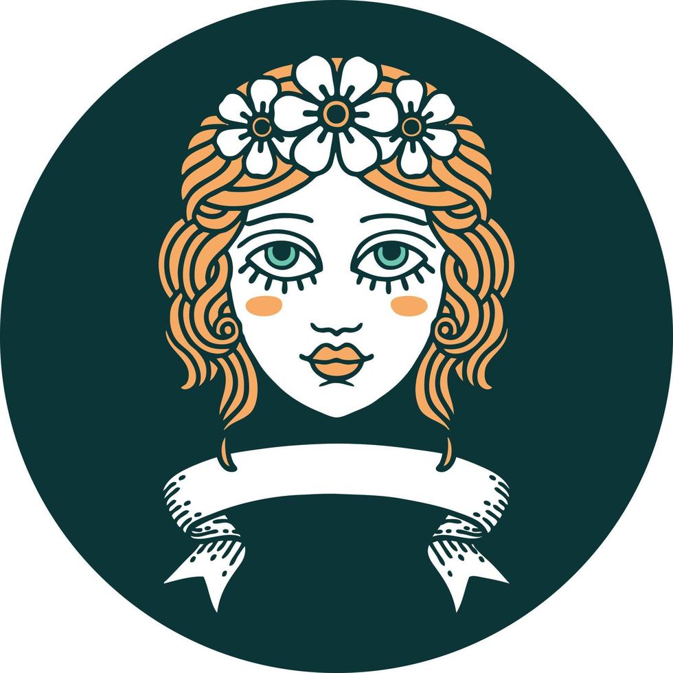 icône avec bannière de visage féminin avec couronne de fleurs vecteur