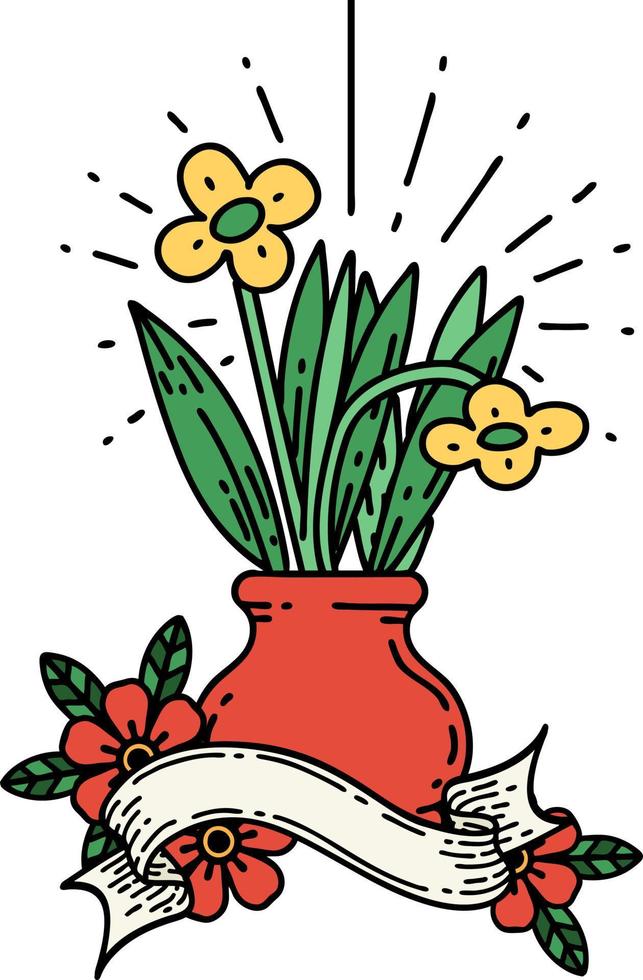 bannière avec des fleurs de style tatouage dans un vase vecteur