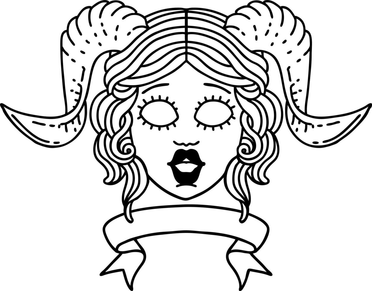 visage de personnage tiefling style dessin au trait tatouage noir et blanc avec bannière de défilement vecteur