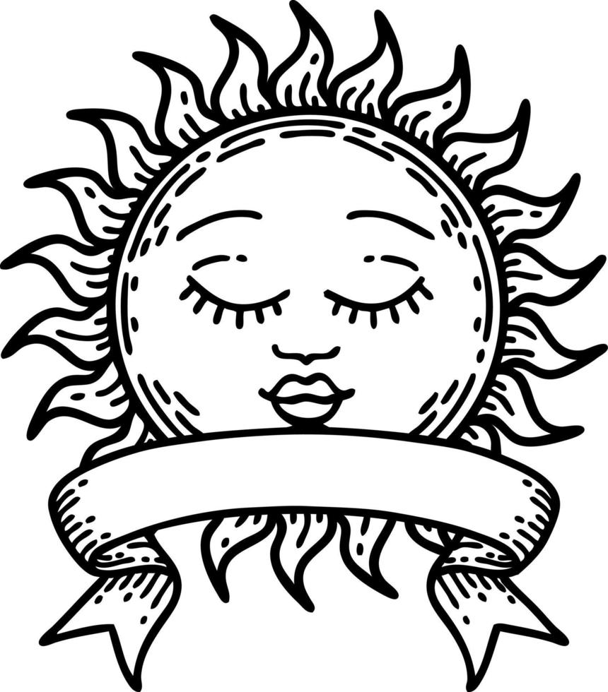 tatouage au trait noir traditionnel avec bannière d'un soleil vecteur