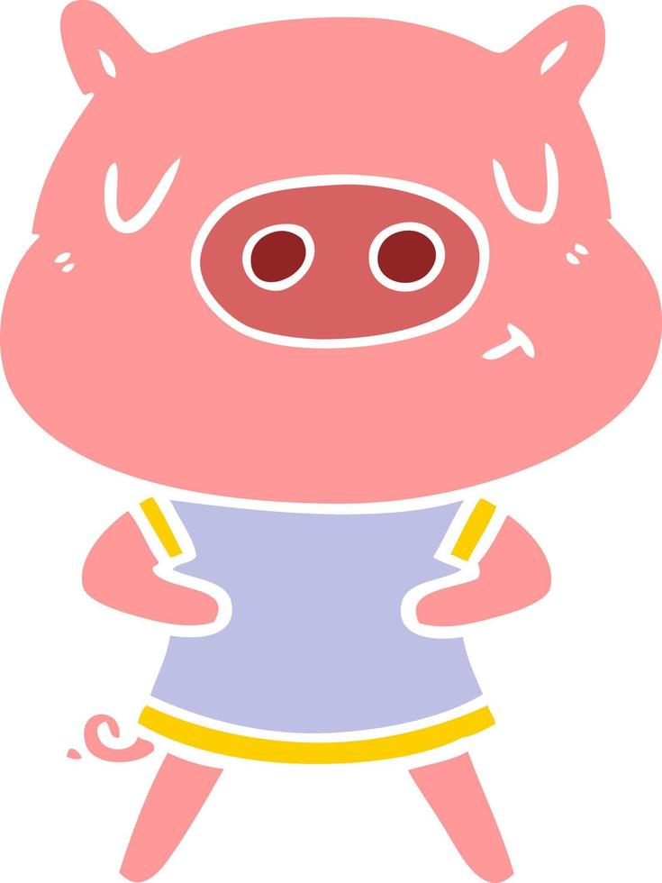 cochon de contenu de dessin animé de style couleur plat portant un t-shirt vecteur