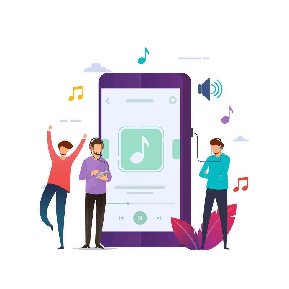petites personnes écoutant de la musique mobile vecteur