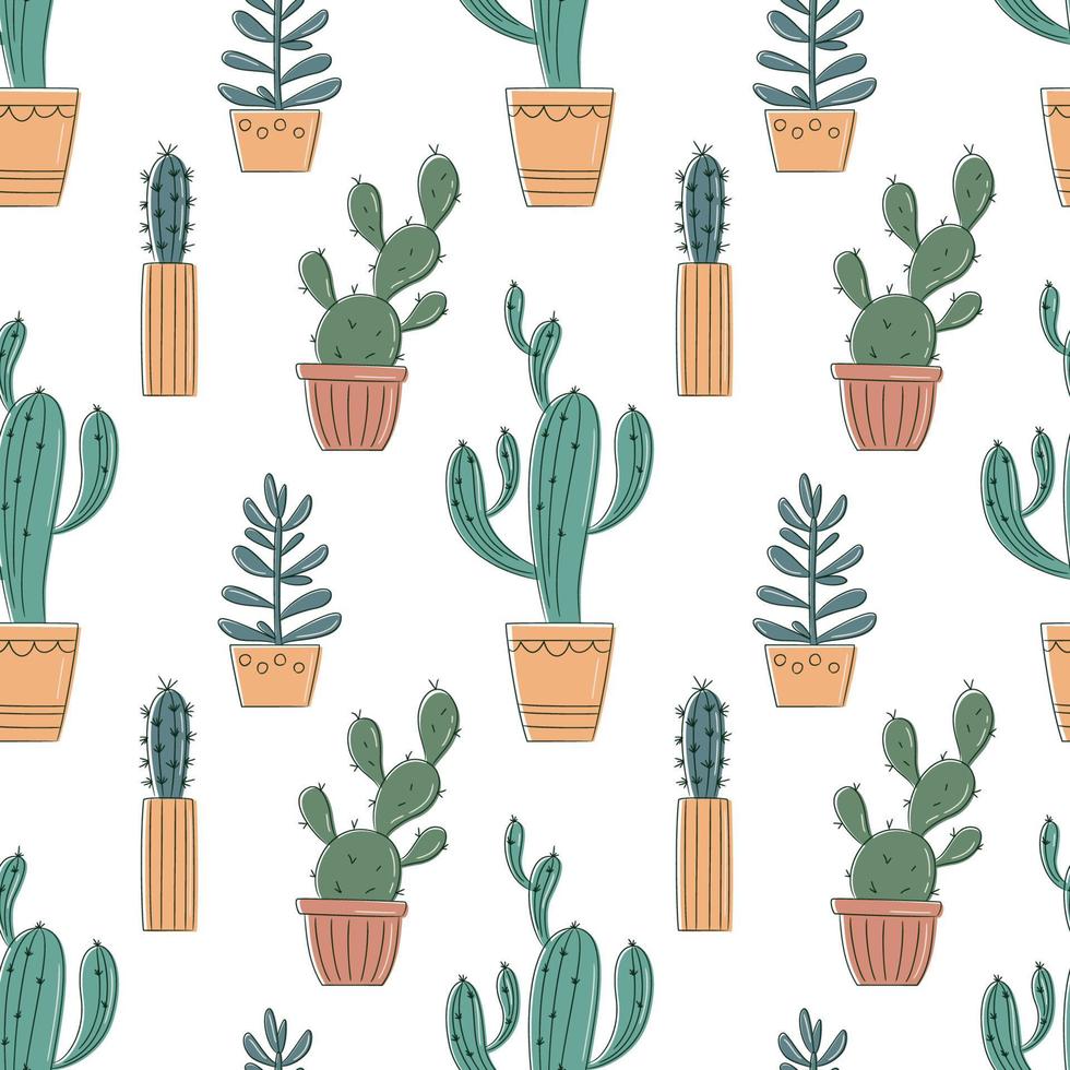 modèle sans couture de vecteur avec cactus et succulents dessinés à la main. cactus en pots. beaux éléments de design floral, parfaits pour les impressions et la surface. répétition de fond dessiné à la main