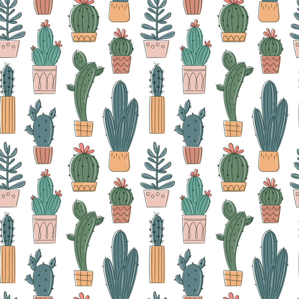 modèle sans couture de vecteur avec cactus et succulents dessinés à la main. cactus en pots. beaux éléments de design floral, parfaits pour les impressions et la surface. répétition de fond dessiné à la main