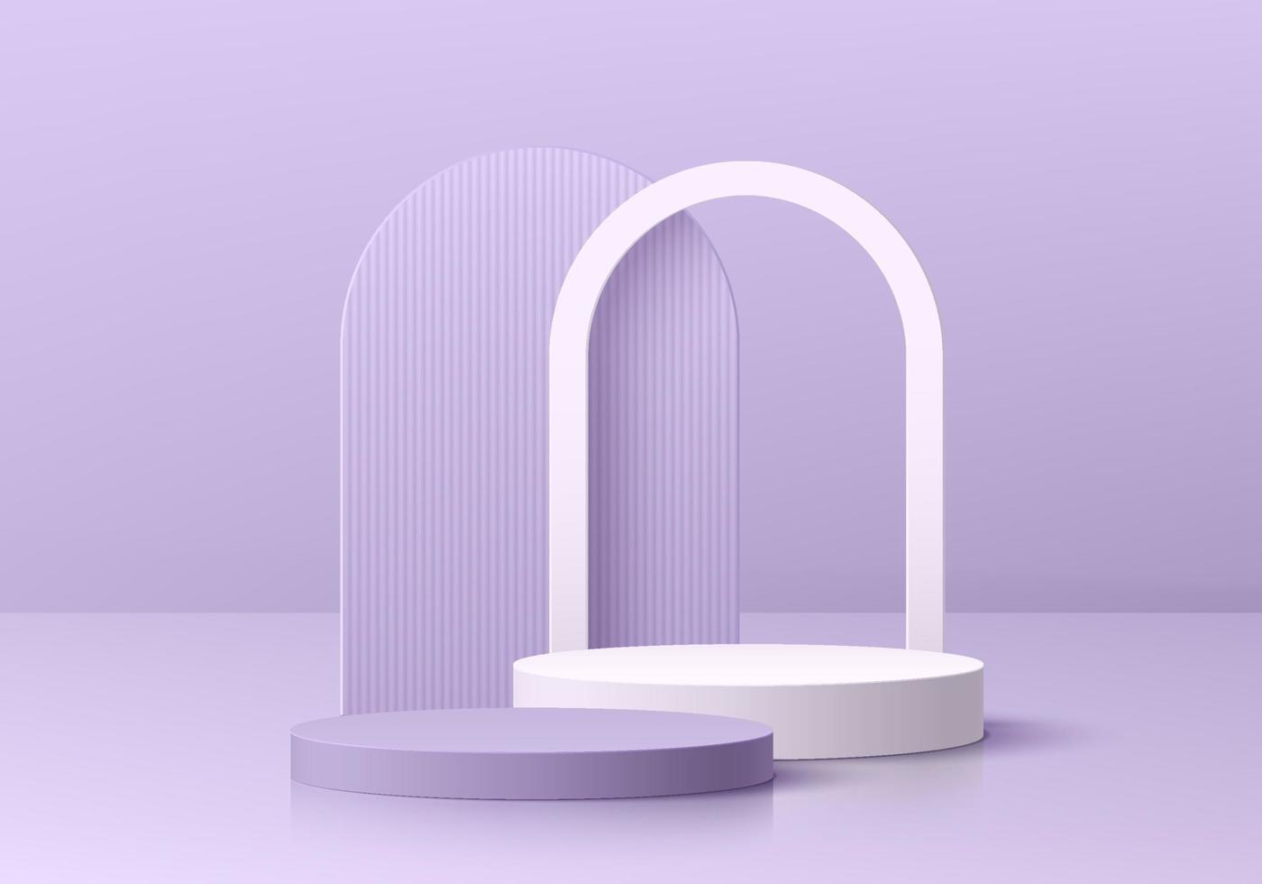 podium de piédestal de cylindre 3d violet et blanc réaliste avec fond en forme d'arche. scène minimale pour les produits de maquette, scène ronde pour vitrine, affichage promotionnel. formes géométriques vectorielles. chambre abstraite. vecteur