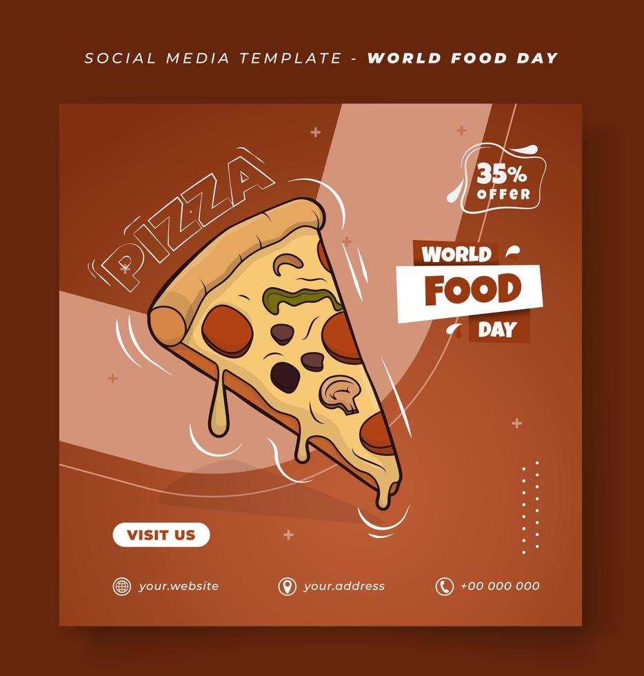 modèle de publication sur les médias sociaux pour la conception de la journée mondiale de l'alimentation avec pizza en conception de dessin animé vectoriel