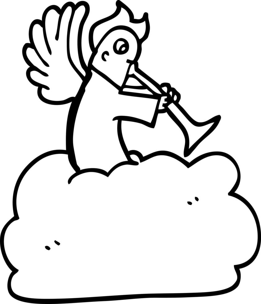 dessin au trait dessin animé ange sur nuage avec trompette vecteur