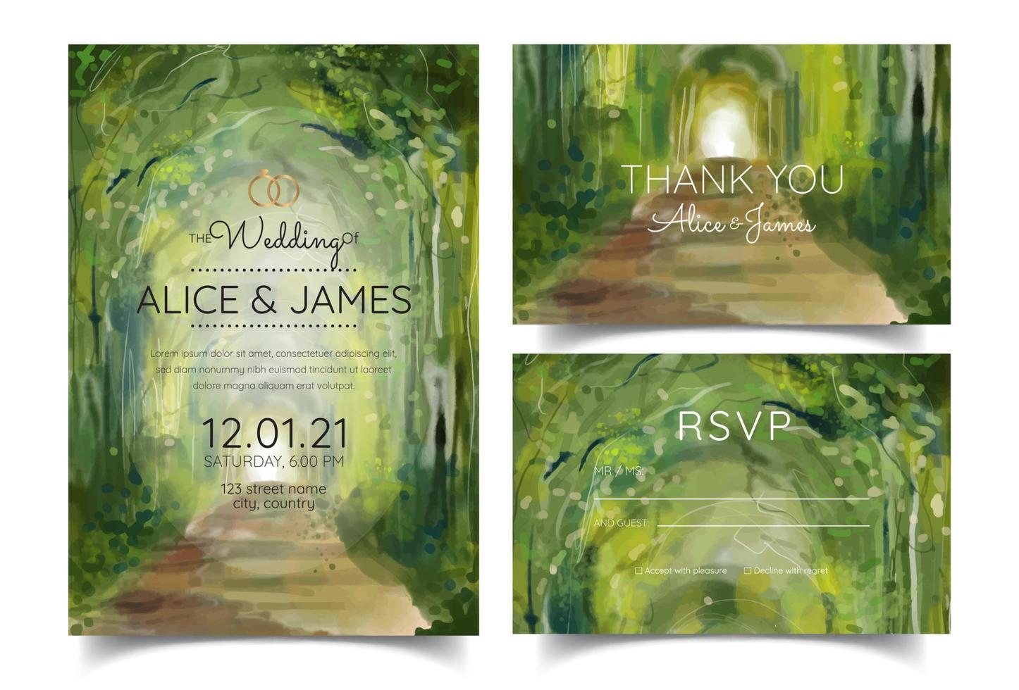 invitation de mariage avec fond aquarelle vue sur la forêt vecteur