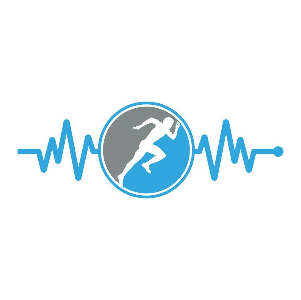 vecteur d'icône de conception de logo de marathon d'impulsion. création de logo de soins de santé du corps. homme en cours d'exécution avec icône de battement de coeur ecg de ligne.