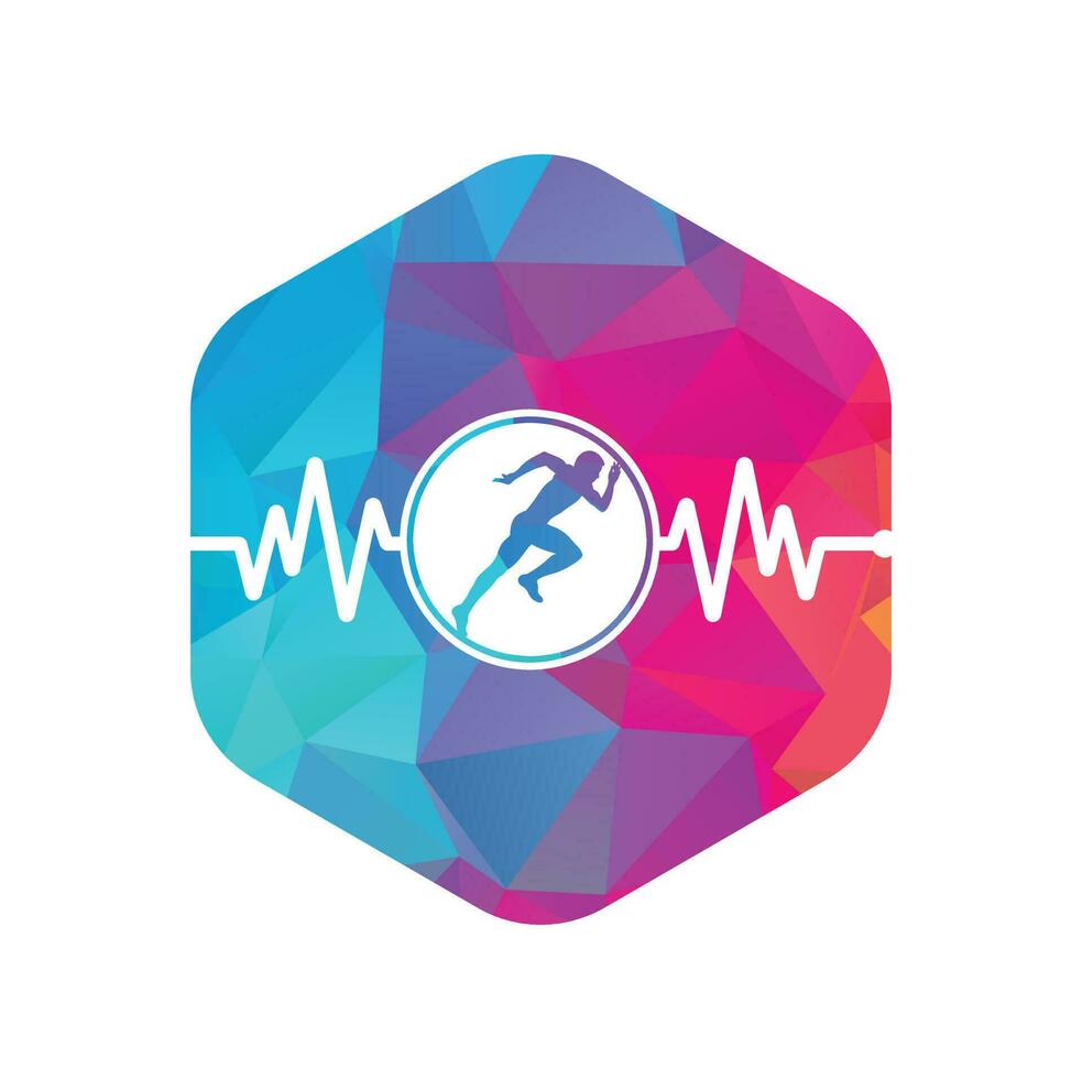 vecteur d'icône de conception de logo de marathon d'impulsion. création de logo de soins de santé du corps. homme en cours d'exécution avec icône de battement de coeur ecg de ligne.