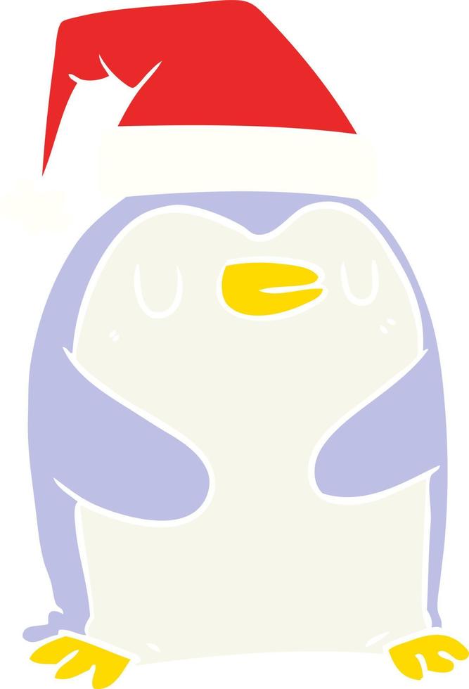 pingouin de dessin animé de style plat couleur portant un chapeau de noël vecteur