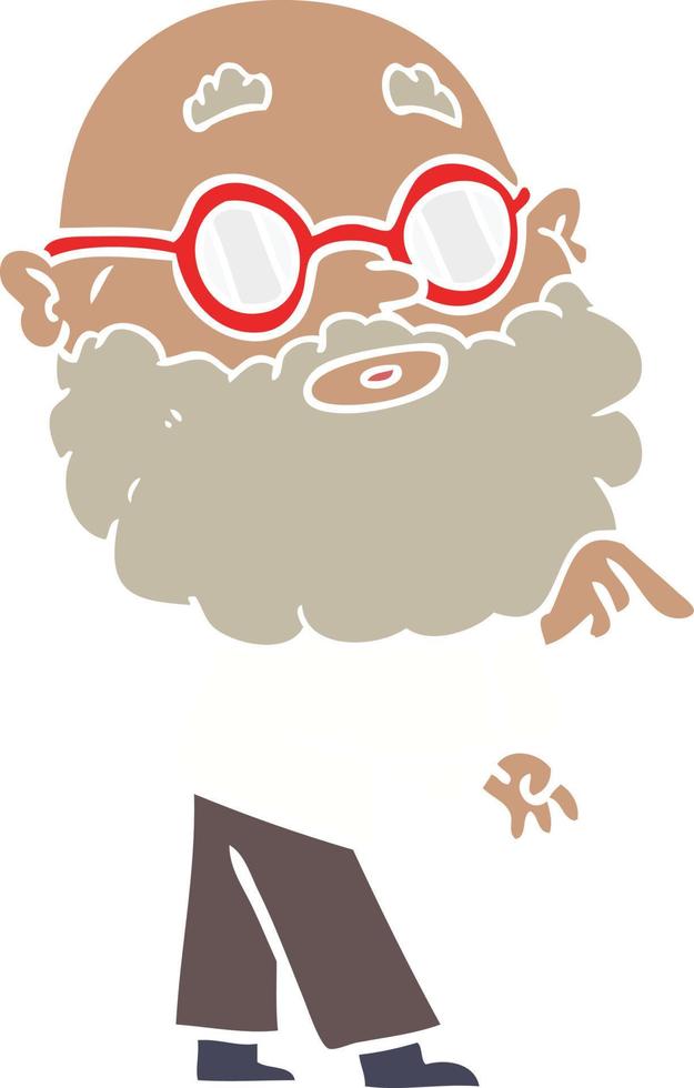 homme curieux de dessin animé de style plat couleur avec barbe et lunettes vecteur