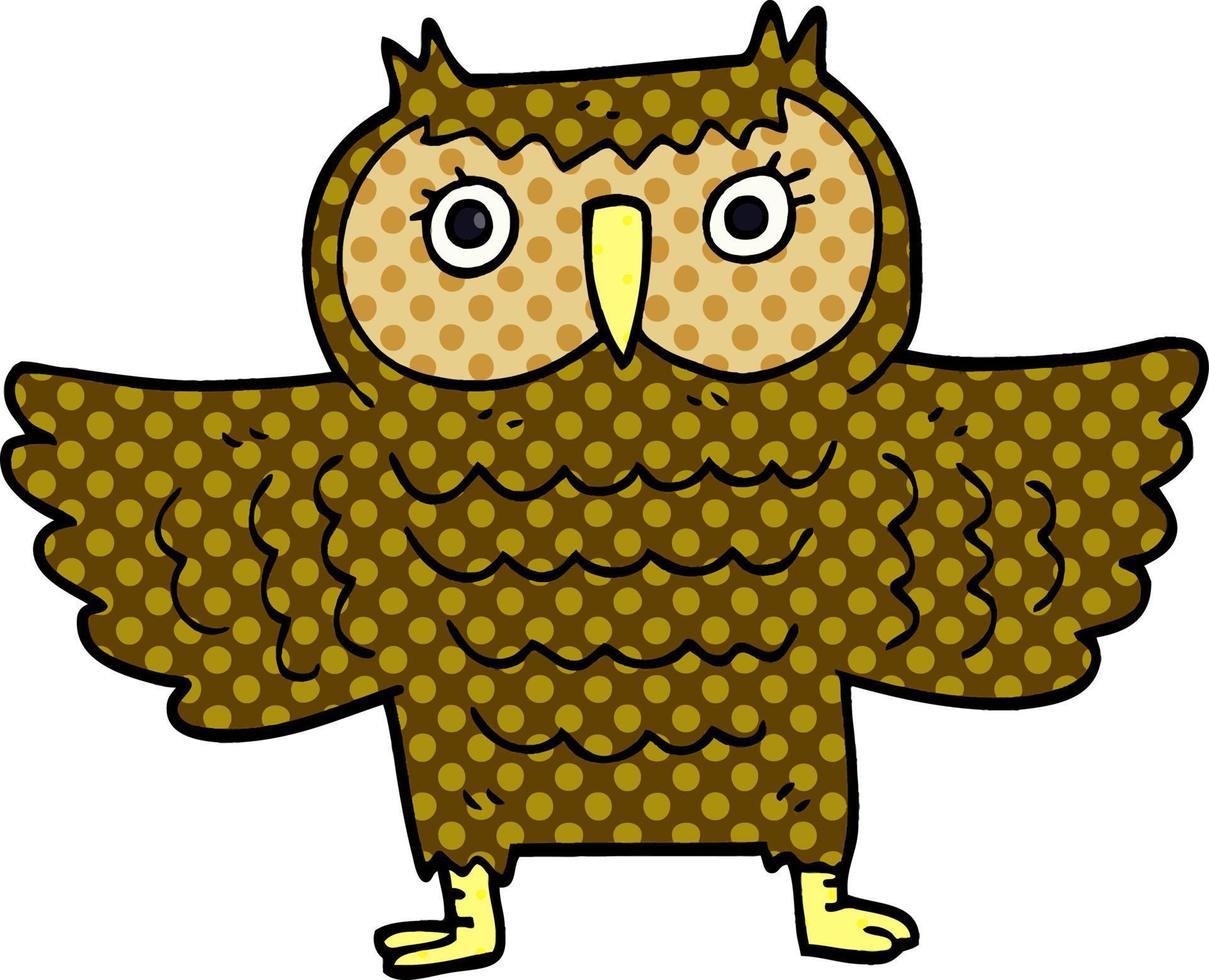 dessin animé doodle hibou avec des ailes battantes vecteur
