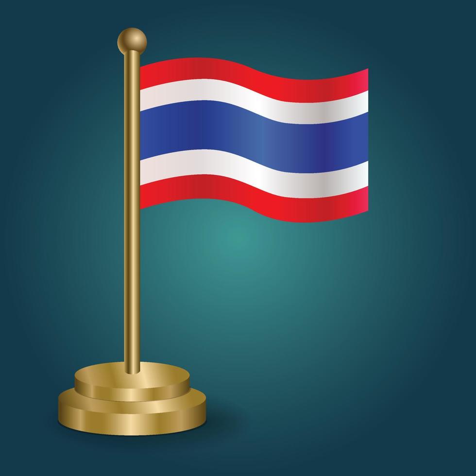 drapeau national de la thaïlande sur le poteau d'or sur fond sombre isolé de gradation. drapeau de table, illustration vectorielle vecteur