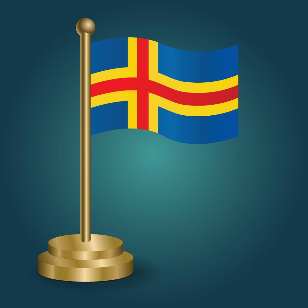 drapeau national de l'île d'Aland sur le poteau d'or sur fond sombre isolé de gradation. drapeau de table, illustration vectorielle vecteur