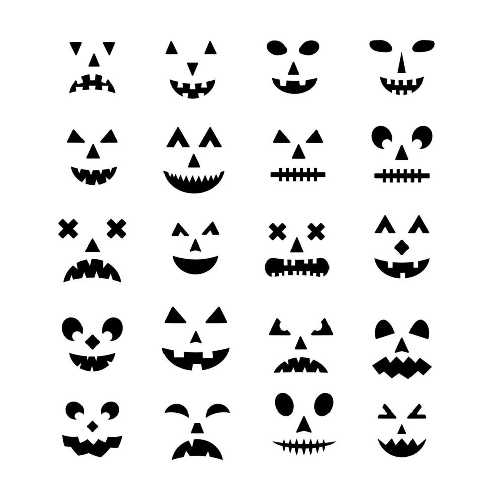 ensemble d'icônes de visages de citrouille d'halloween. éléments vectoriels fantasmagoriques jack-o'-lanterne isolés sur blanc. décorations de fête d'halloween vecteur