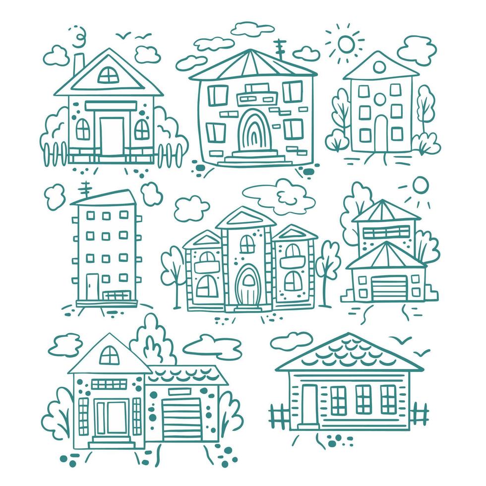 croquis de maisons vectorielles simples dans un style doodle vecteur
