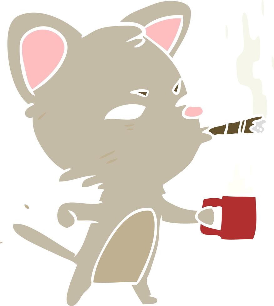 chat d'affaires sérieux de dessin animé de style plat couleur avec café et cigare vecteur