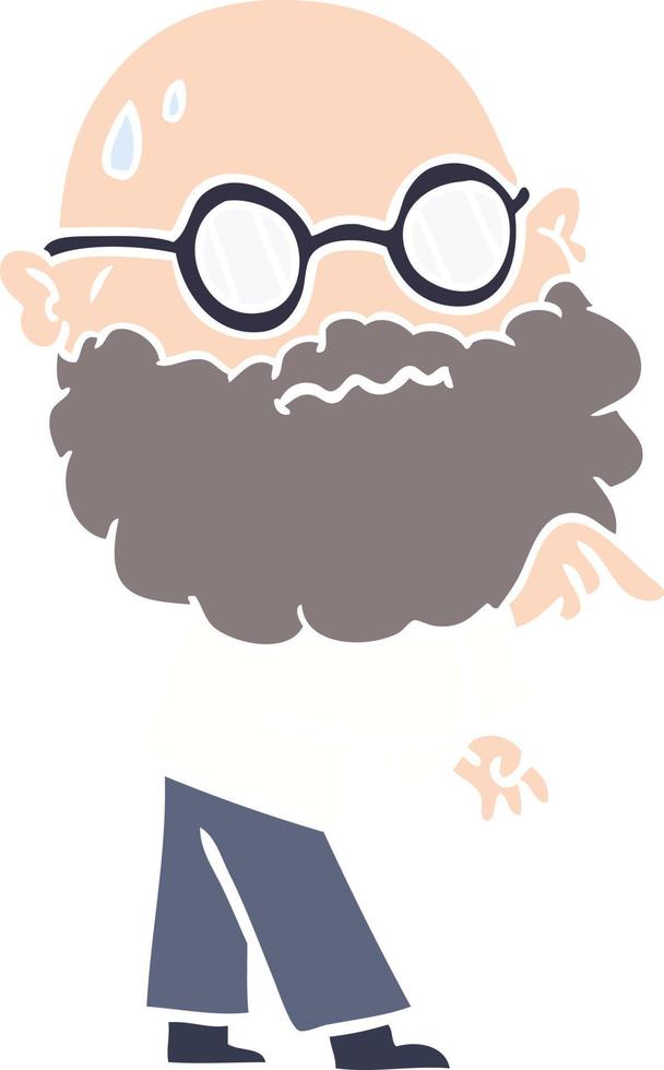 homme inquiet de dessin animé de style couleur plat avec barbe et lunettes pointant du doigt vecteur