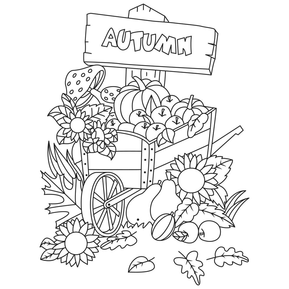 voiture de brouette avec enseigne d'automne pleine d'illustration de coloration de champignon de pomme de tournesol de citrouille vecteur