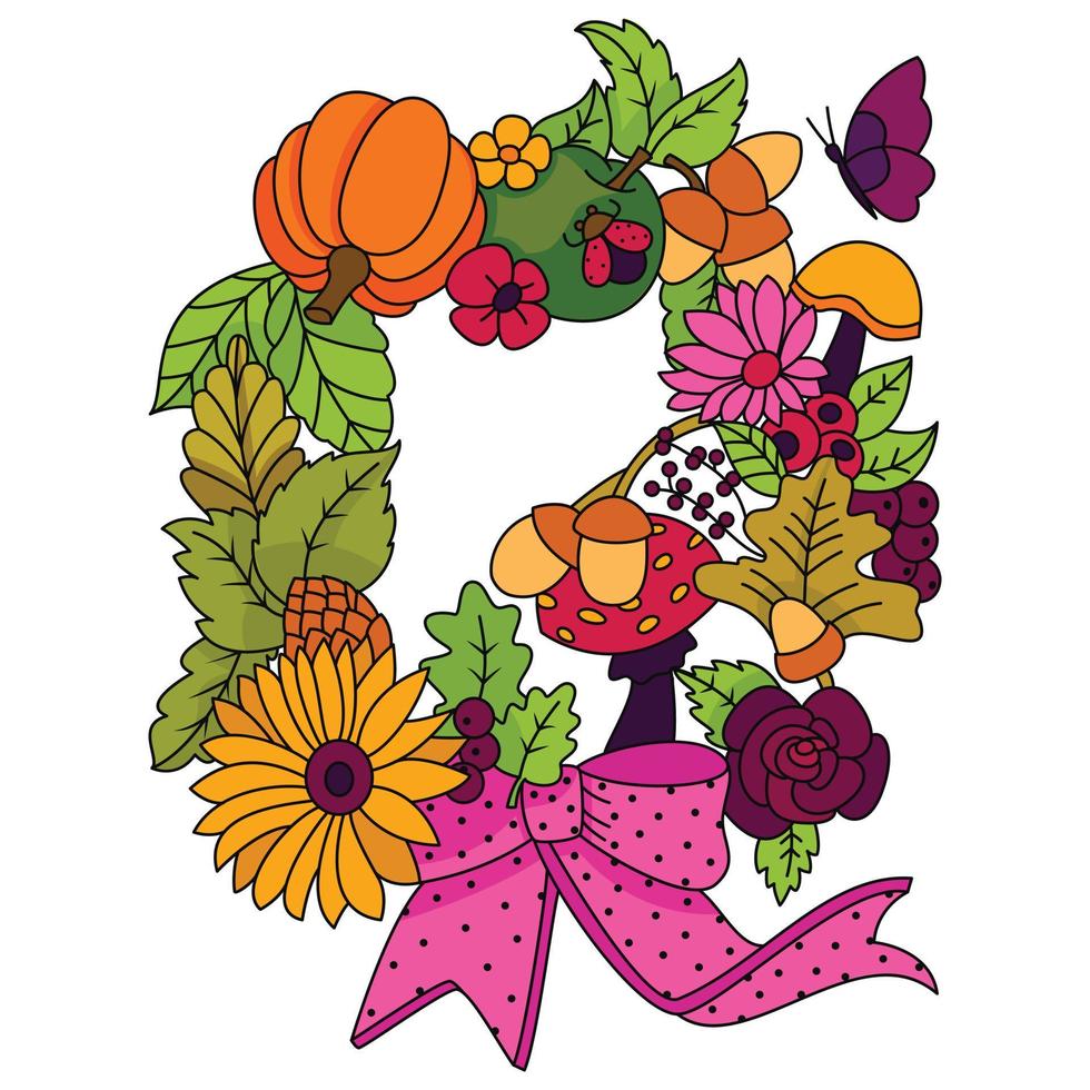 couronne faite de fleurs d'automne fruits champignons baies citrouille papillons action de grâces coloriage vecteur