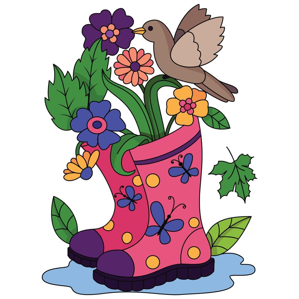 oiseau sur la botte décorative colorée fleurs papillon feuille d'érable automne saison d'automne illustration couleur vecteur