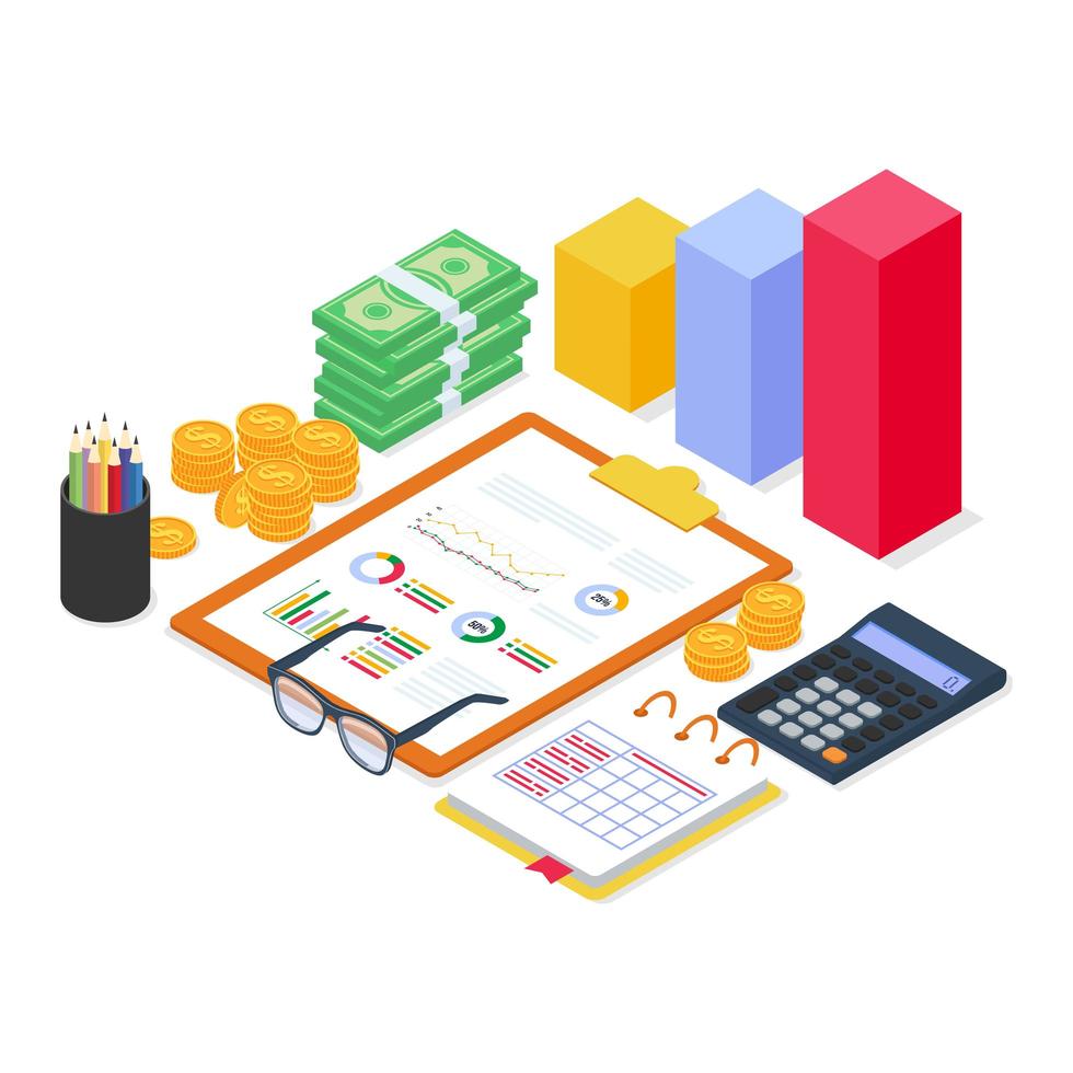 analyse de l'équipement financier avec rapport de diagramme de diagramme et document avec style isométrique plat moderne. vecteur