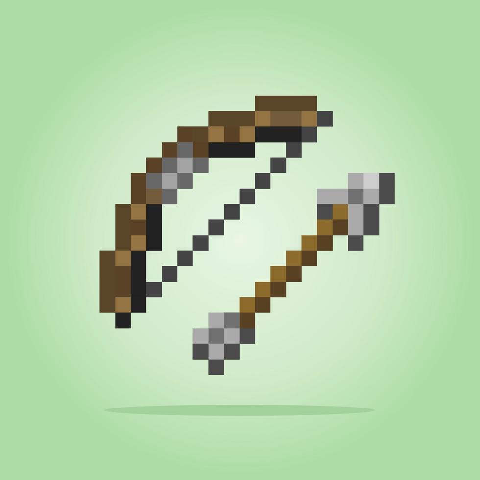 Arc et flèche en bois pixel 8 bits. icônes pour les ressources de jeu dans les illustrations vectorielles. vecteur