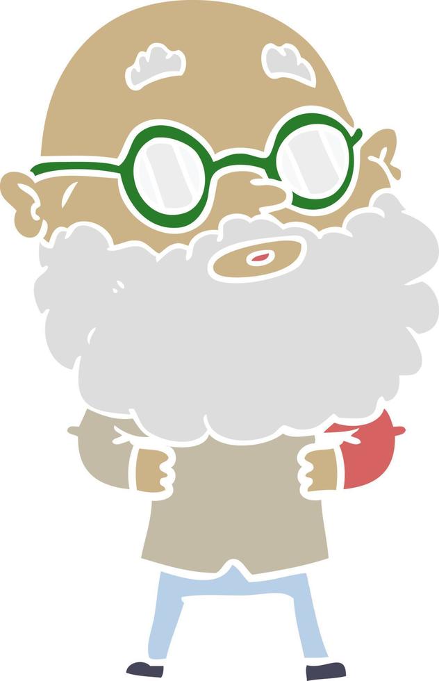 homme curieux de dessin animé de style plat couleur avec barbe et lunettes vecteur