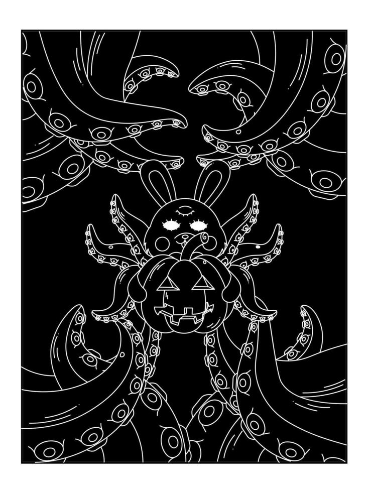 affiche d'halloween psychédélique. un lapin avec des tentacules de poulpe tient une citrouille. surréalisme. contour. vecteur