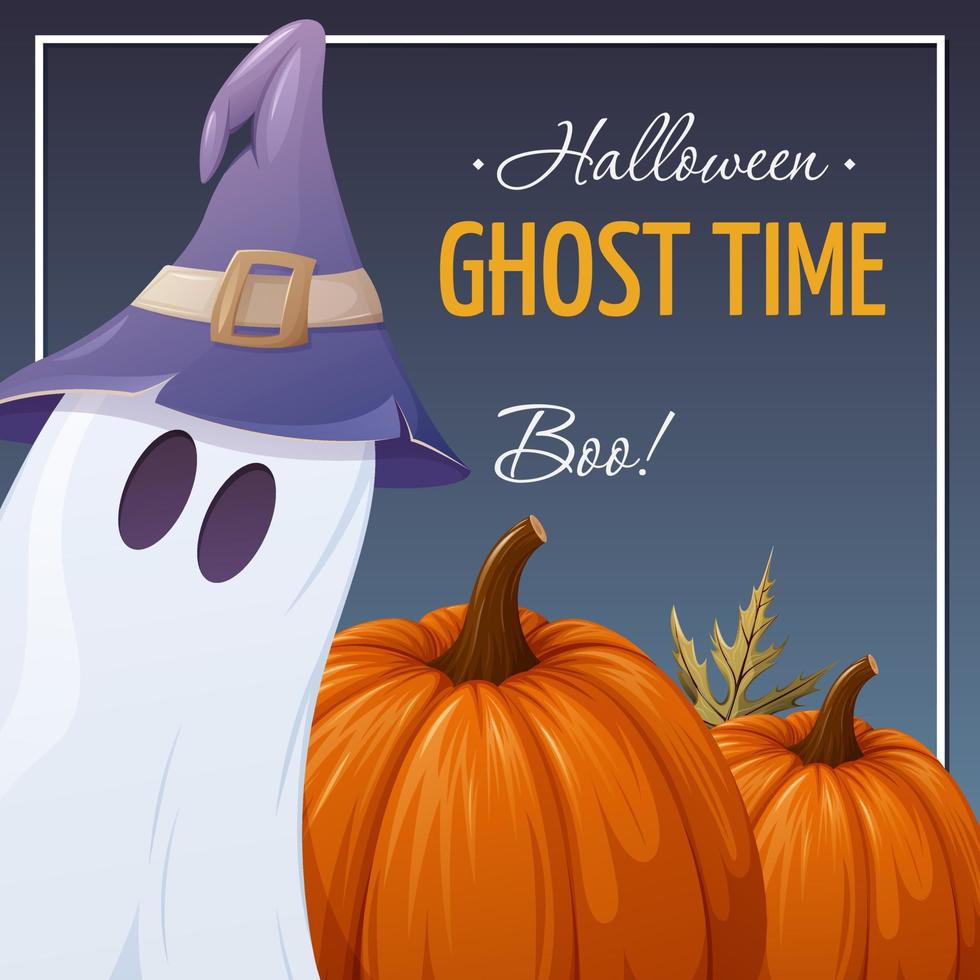 fantôme mignon dans un chapeau violet de sorcellerie et des citrouilles. illustration de vecteur de dessin animé pour halloween. format carré