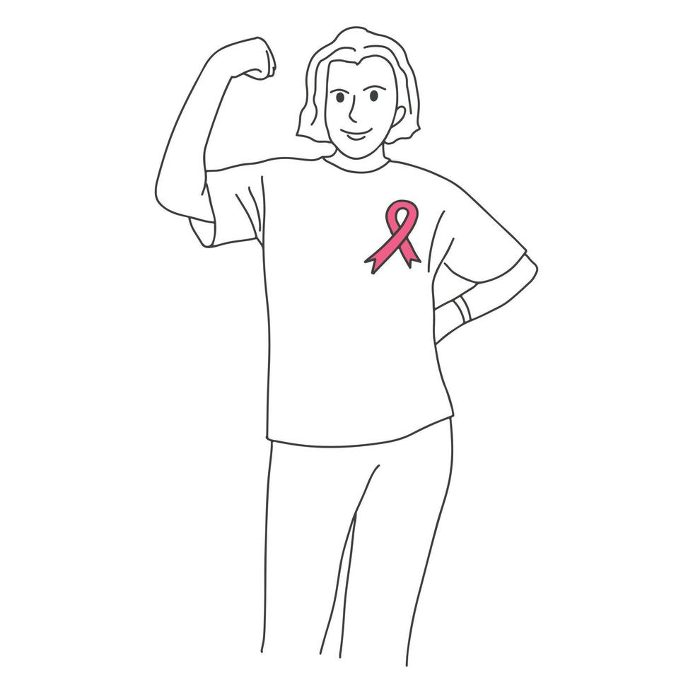 femme confiante heureuse montrant des muscles, badge ruban rose pour le mois de sensibilisation au cancer du sein. dessin au trait de contour simple en noir et blanc du personnage de survivante du cancer oncologique féminin vecteur