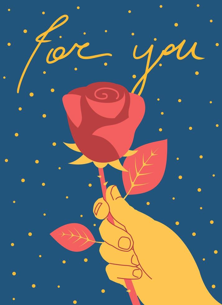 main donne une fleur rose avec lettrage dessiné à la main pour vous, modèle de carte postale de dessin animé saint valentin 14 février vecteur