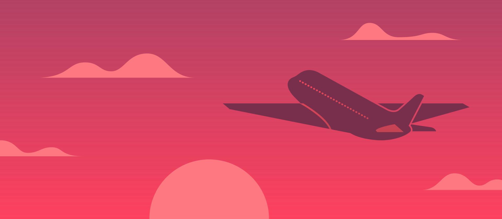 avion volant dans le ciel au coucher du soleil illustration vectorielle. concept de vacances avec avion et fond de coucher de soleil rouge vecteur