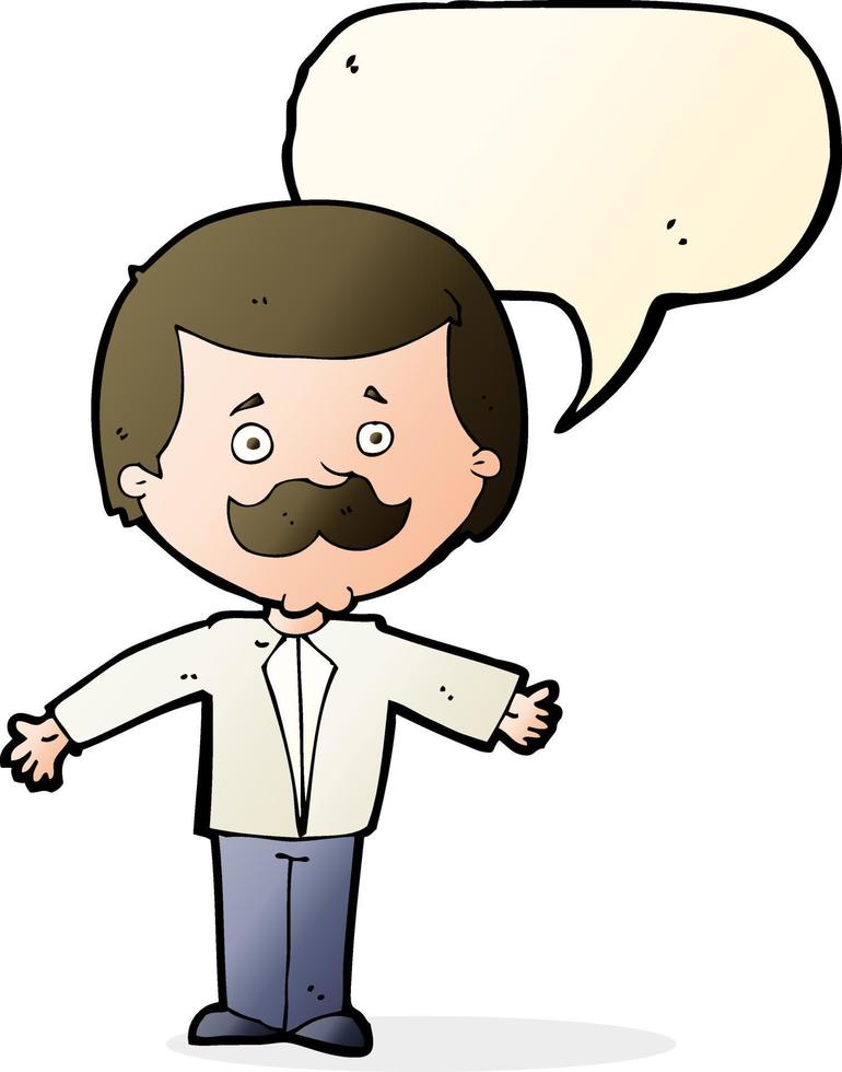 dessin animé moustache homme à bras ouverts avec bulle de dialogue vecteur