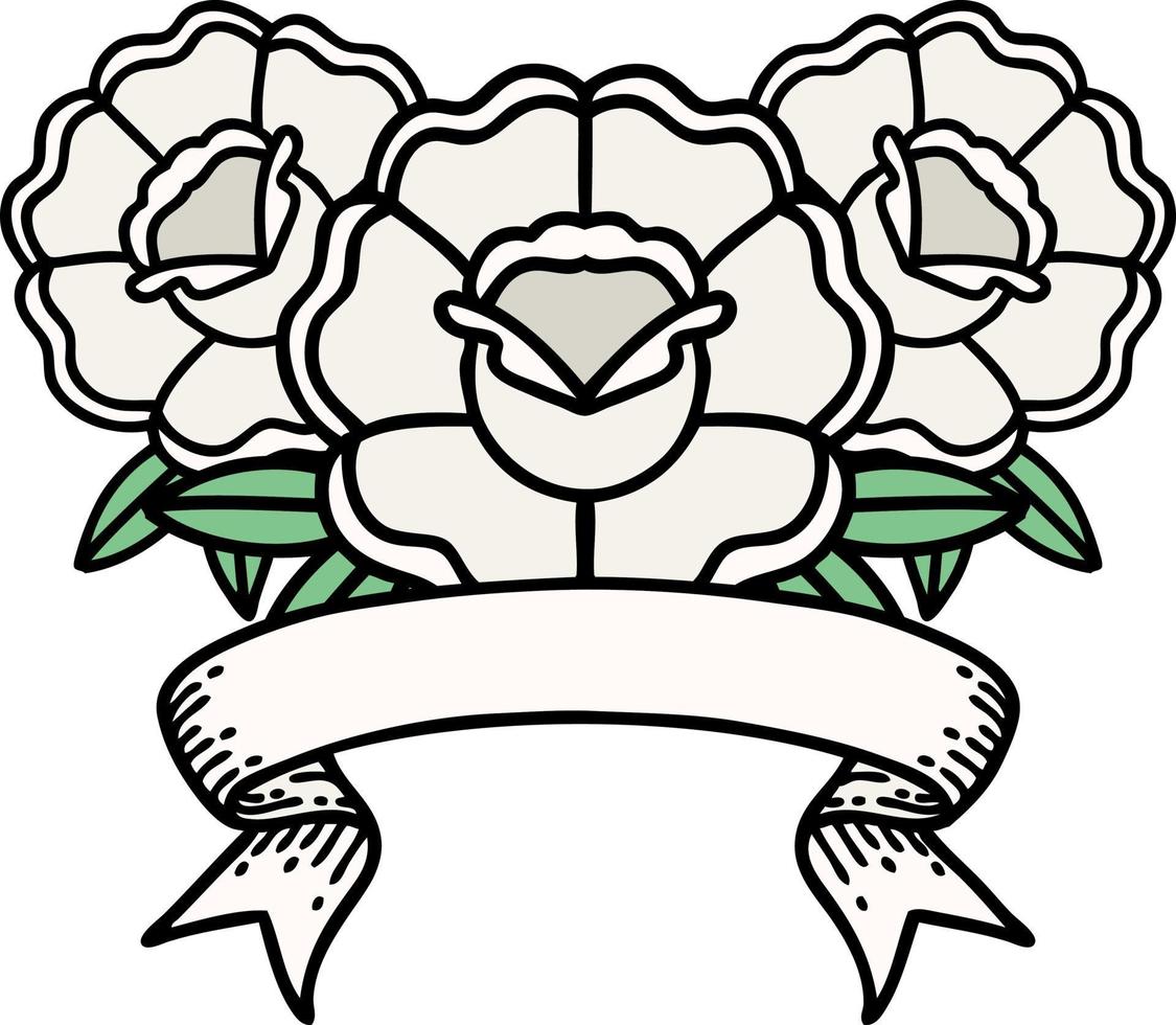 tatouage avec bannière d'un bouquet de fleurs vecteur