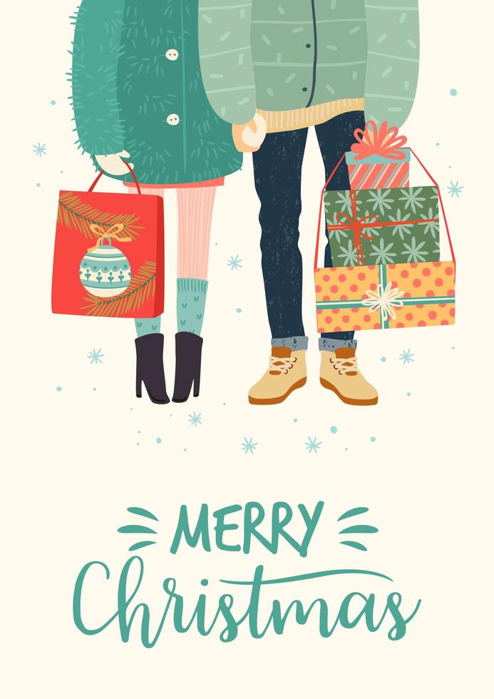 illustration de Noël et bonne année avec couple romantique avec des cadeaux vecteur