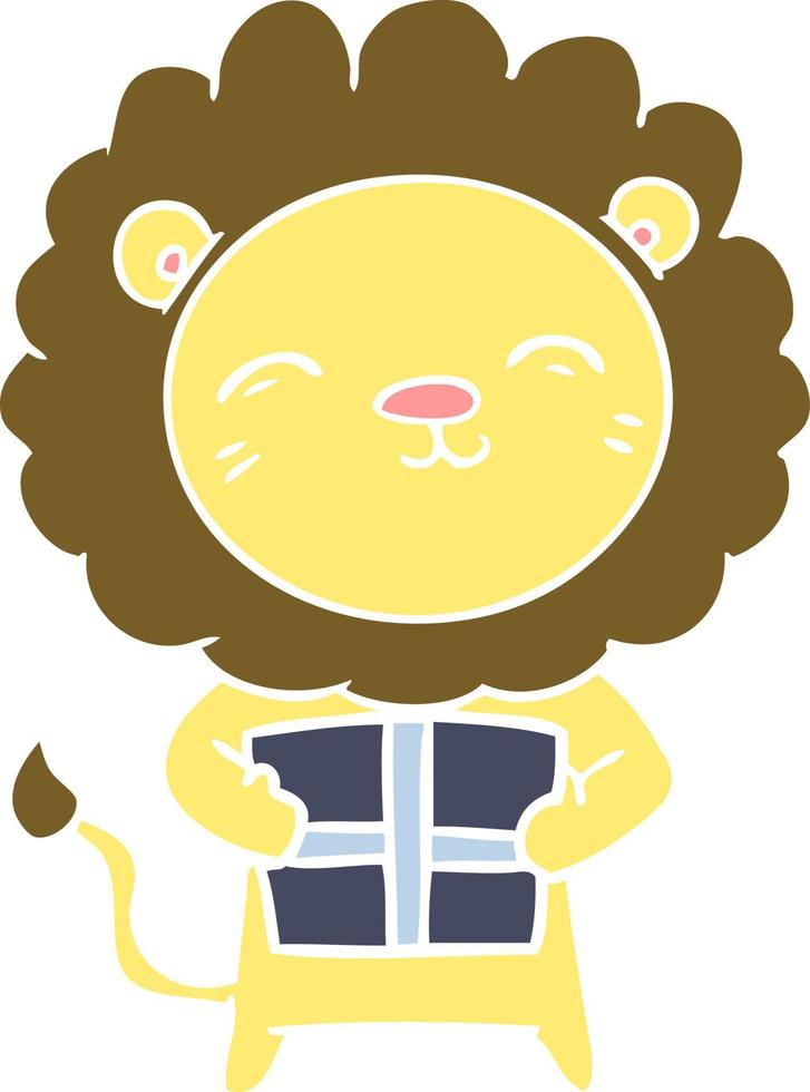 lion de dessin animé de style couleur plat avec cadeau de noël vecteur