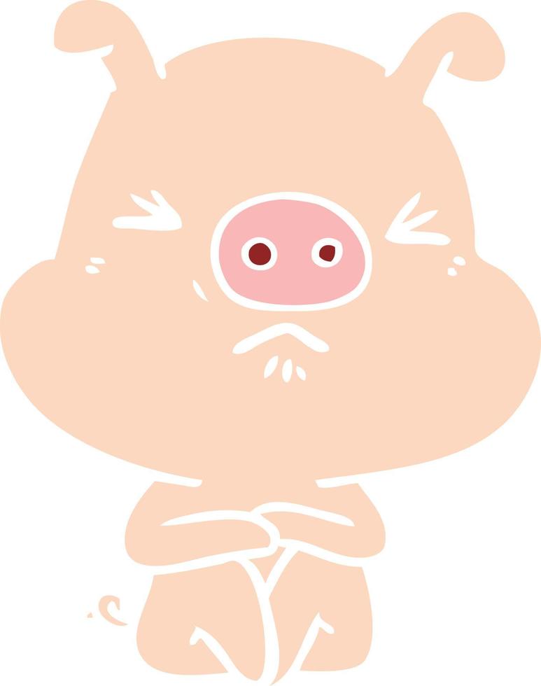 cochon en colère de dessin animé de style couleur plat assis en attente vecteur