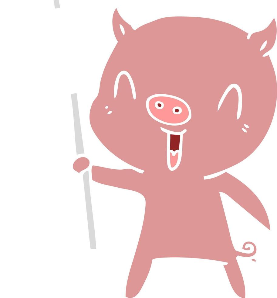 cochon de dessin animé de style plat couleur heureux avec poteau de signalisation vecteur