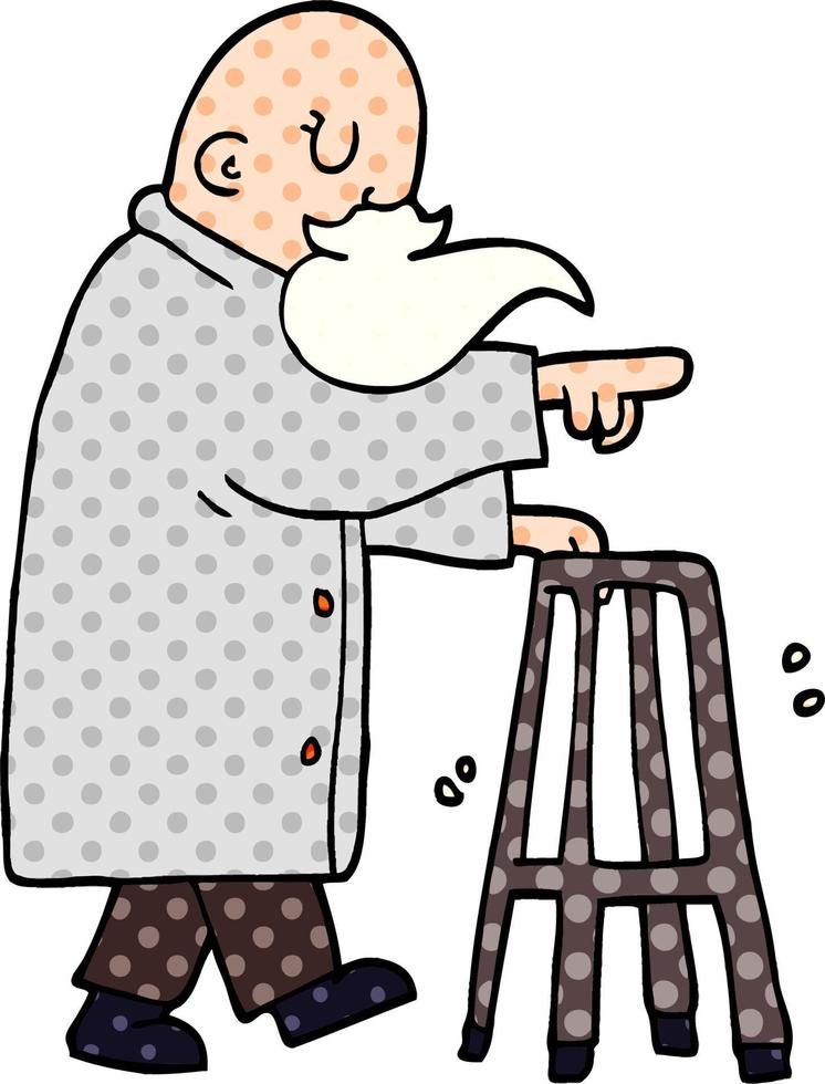 dessin animé doodle vieil homme avec déambulateur vecteur