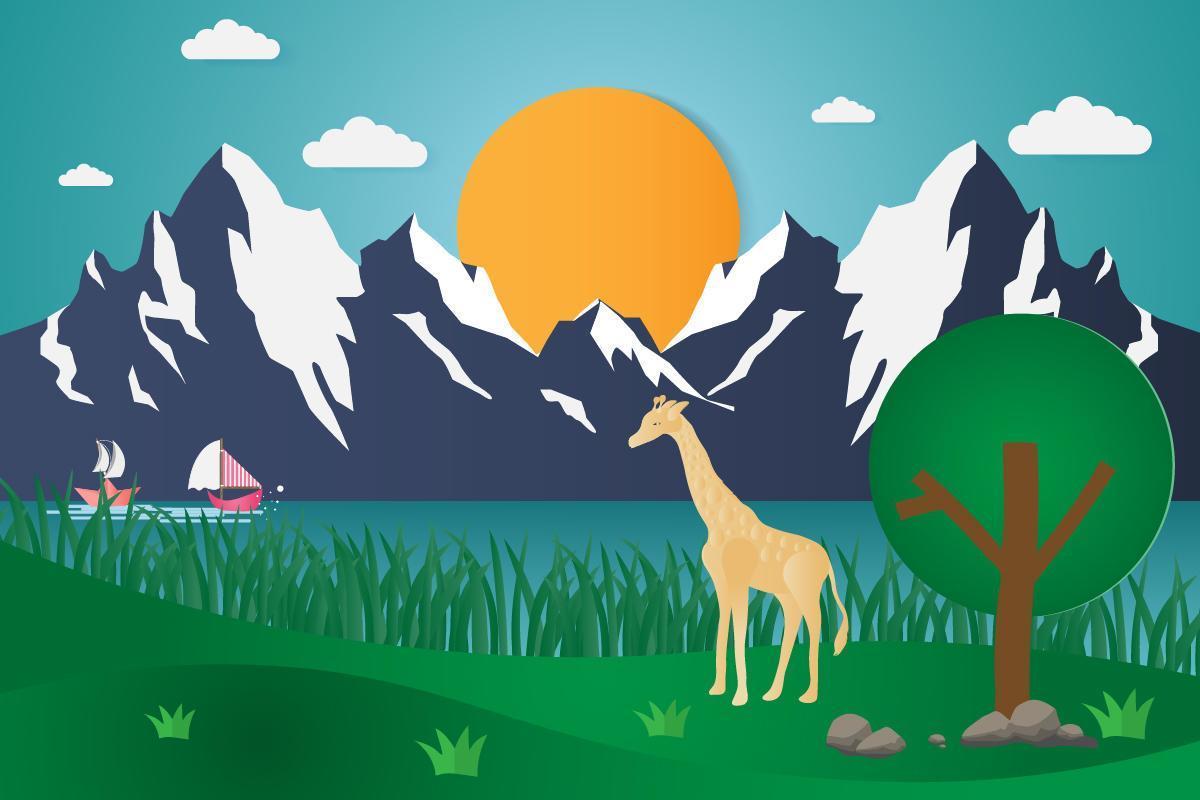 girafes près du lac avec des montagnes vecteur