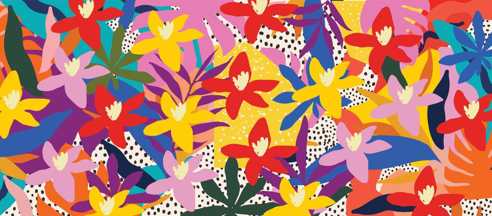 joli jardin fleurs et feuilles motif coloré. art abstrait nature fond illustration vectorielle. conception botanique pour bannière, art mural, cartes, imprimés et tissus vecteur